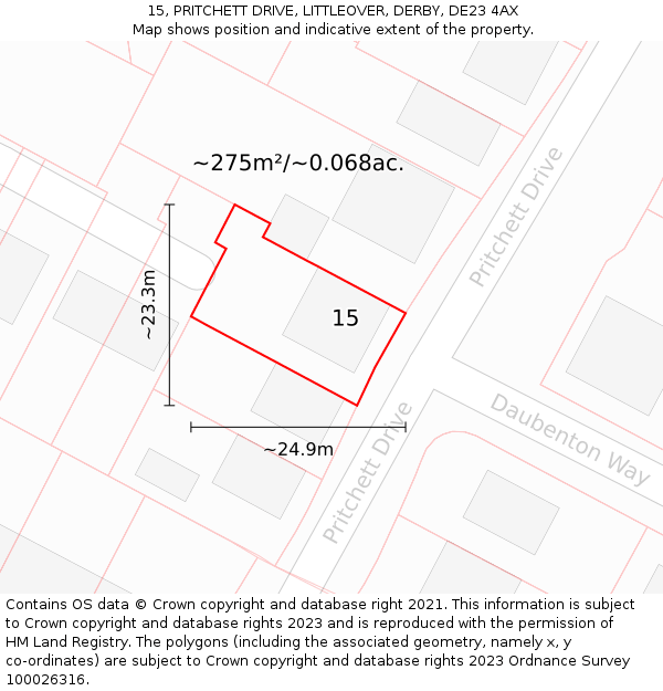 15, PRITCHETT DRIVE, LITTLEOVER, DERBY, DE23 4AX: Plot and title map