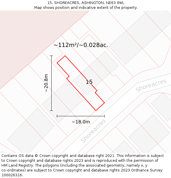 15, SHOREACRES, ASHINGTON, NE63 9WL: Plot and title map