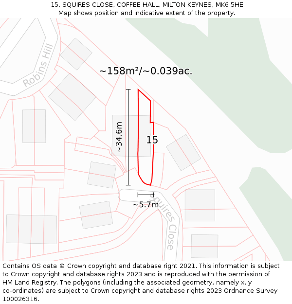 15, SQUIRES CLOSE, COFFEE HALL, MILTON KEYNES, MK6 5HE: Plot and title map