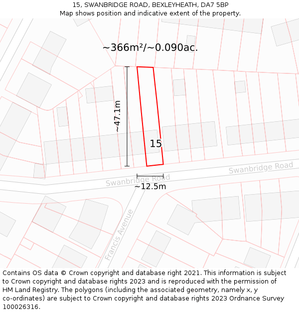 15, SWANBRIDGE ROAD, BEXLEYHEATH, DA7 5BP: Plot and title map