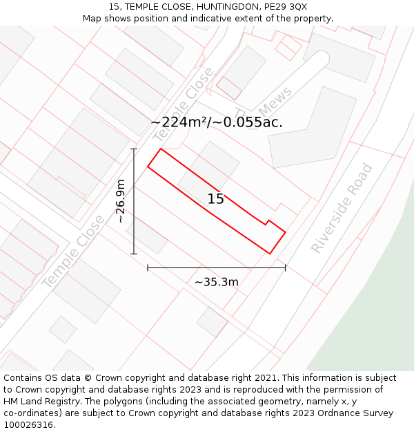 15, TEMPLE CLOSE, HUNTINGDON, PE29 3QX: Plot and title map