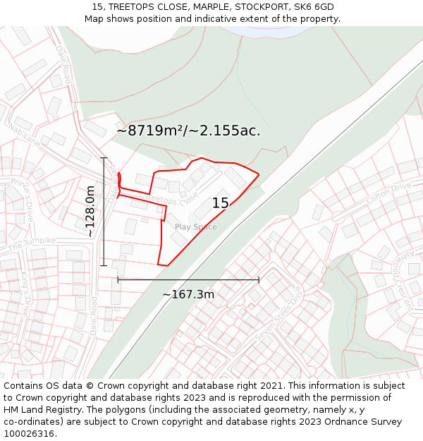 15, TREETOPS CLOSE, MARPLE, STOCKPORT, SK6 6GD: Plot and title map