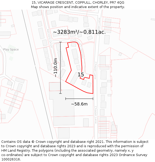 15, VICARAGE CRESCENT, COPPULL, CHORLEY, PR7 4QG: Plot and title map