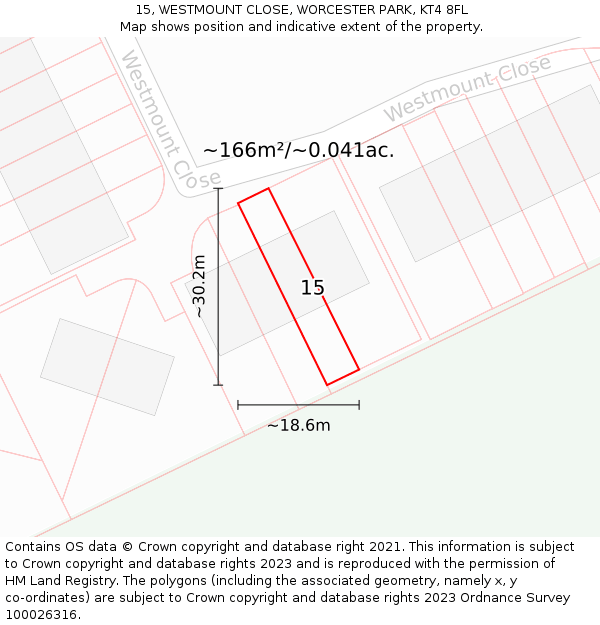 15, WESTMOUNT CLOSE, WORCESTER PARK, KT4 8FL: Plot and title map