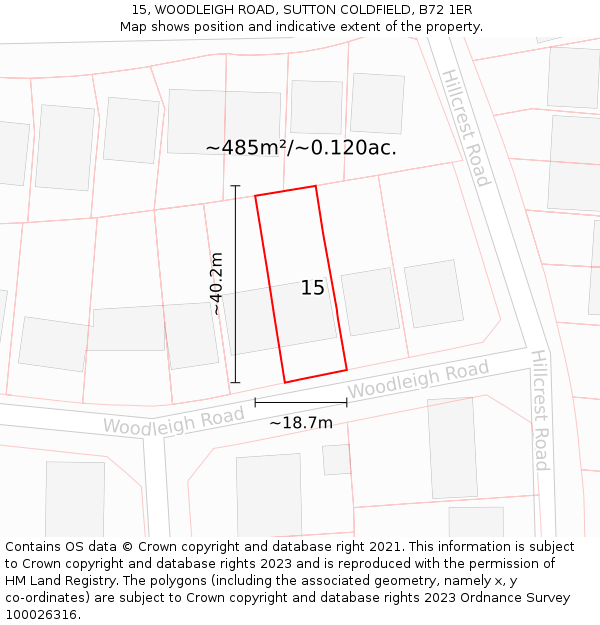 15, WOODLEIGH ROAD, SUTTON COLDFIELD, B72 1ER: Plot and title map