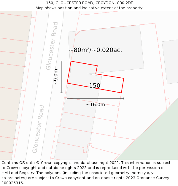 150, GLOUCESTER ROAD, CROYDON, CR0 2DF: Plot and title map