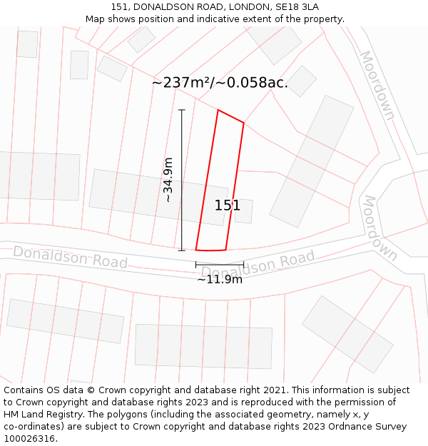 151, DONALDSON ROAD, LONDON, SE18 3LA: Plot and title map