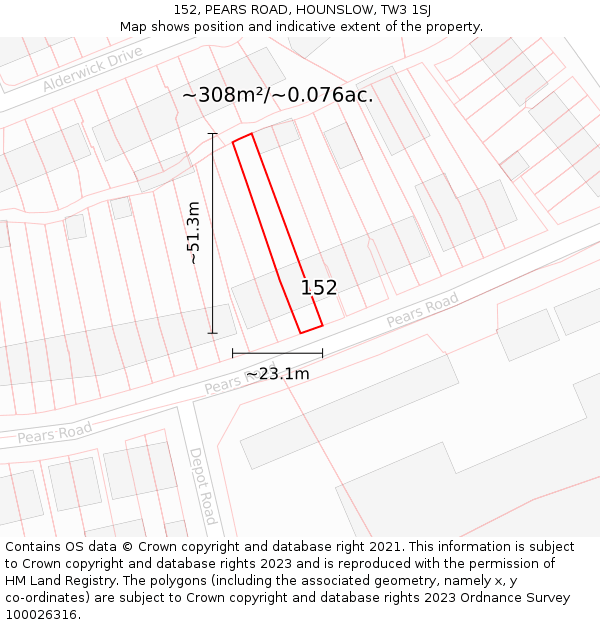 152, PEARS ROAD, HOUNSLOW, TW3 1SJ: Plot and title map