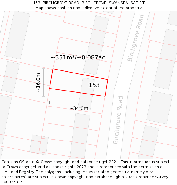 153, BIRCHGROVE ROAD, BIRCHGROVE, SWANSEA, SA7 9JT: Plot and title map