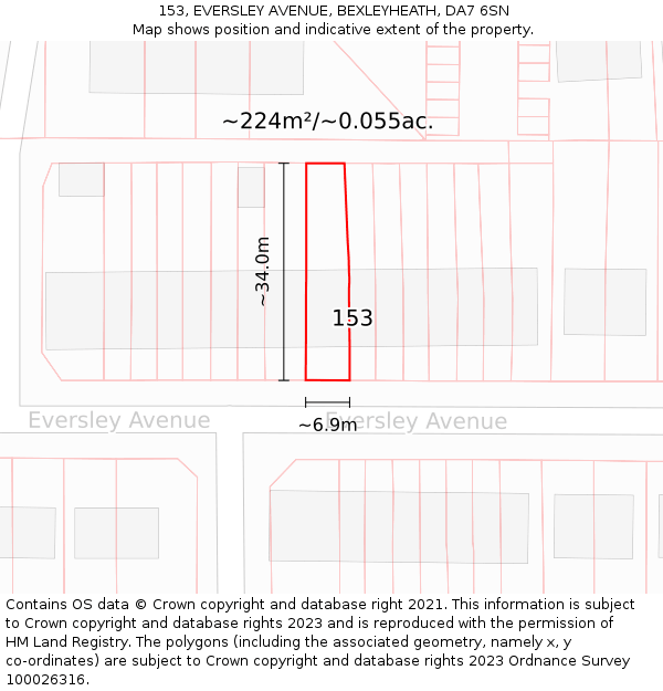 153, EVERSLEY AVENUE, BEXLEYHEATH, DA7 6SN: Plot and title map