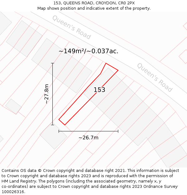 153, QUEENS ROAD, CROYDON, CR0 2PX: Plot and title map