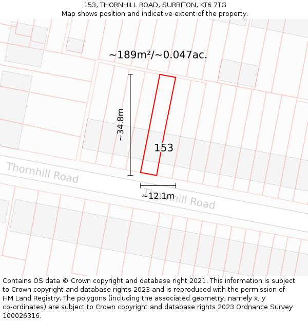 153, THORNHILL ROAD, SURBITON, KT6 7TG: Plot and title map