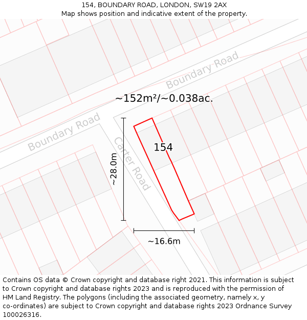 154, BOUNDARY ROAD, LONDON, SW19 2AX: Plot and title map