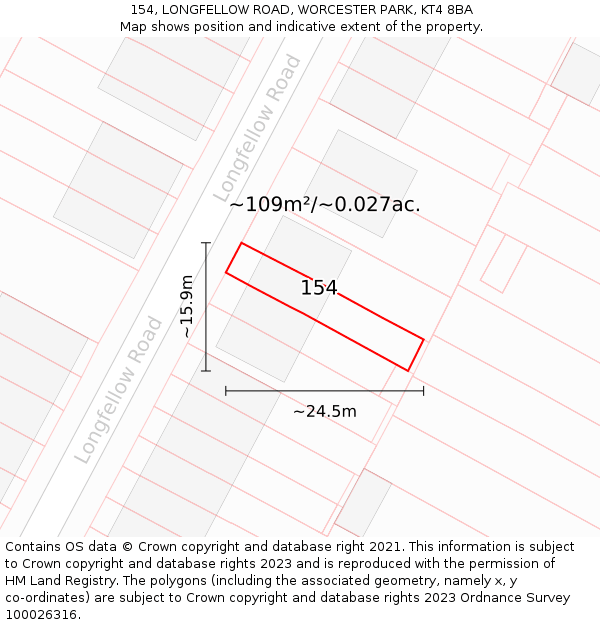 154, LONGFELLOW ROAD, WORCESTER PARK, KT4 8BA: Plot and title map