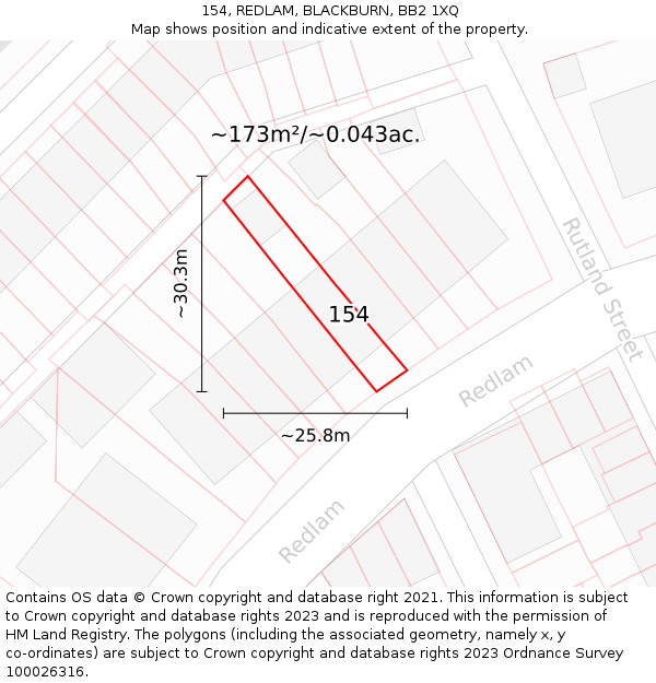 154, REDLAM, BLACKBURN, BB2 1XQ: Plot and title map