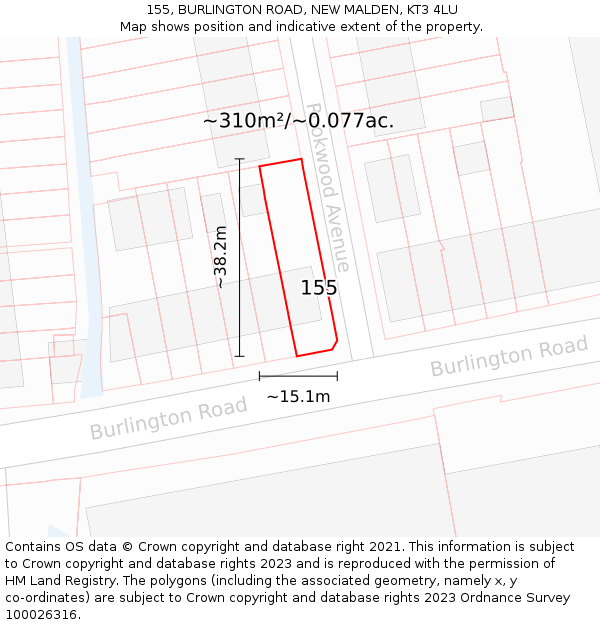 155, BURLINGTON ROAD, NEW MALDEN, KT3 4LU: Plot and title map