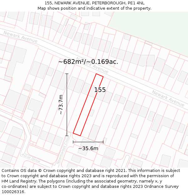 155, NEWARK AVENUE, PETERBOROUGH, PE1 4NL: Plot and title map