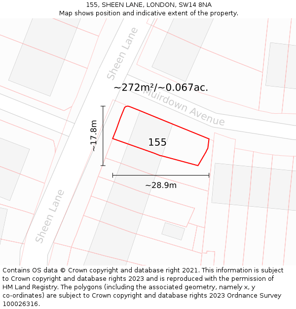 155, SHEEN LANE, LONDON, SW14 8NA: Plot and title map