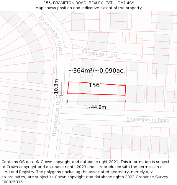 156, BRAMPTON ROAD, BEXLEYHEATH, DA7 4SY: Plot and title map