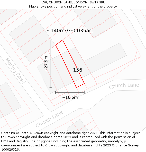 156, CHURCH LANE, LONDON, SW17 9PU: Plot and title map