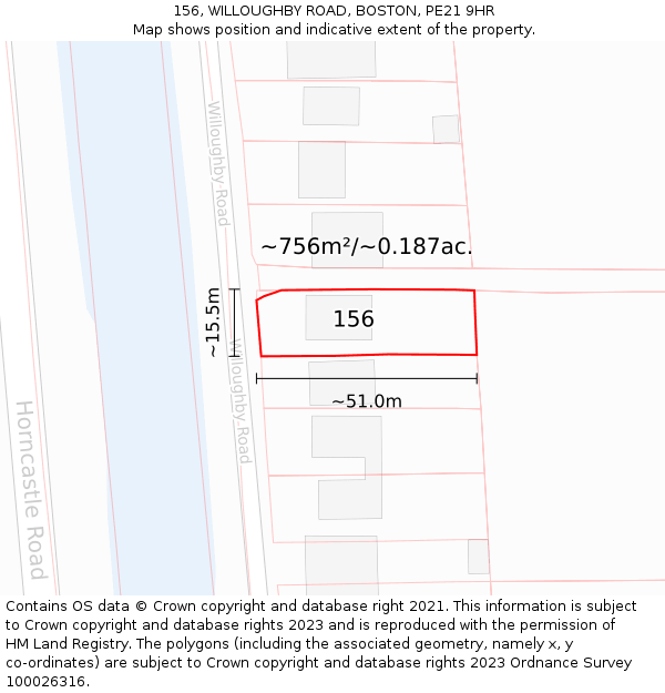 156, WILLOUGHBY ROAD, BOSTON, PE21 9HR: Plot and title map