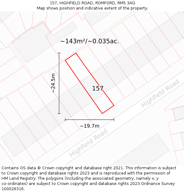 157, HIGHFIELD ROAD, ROMFORD, RM5 3AG: Plot and title map