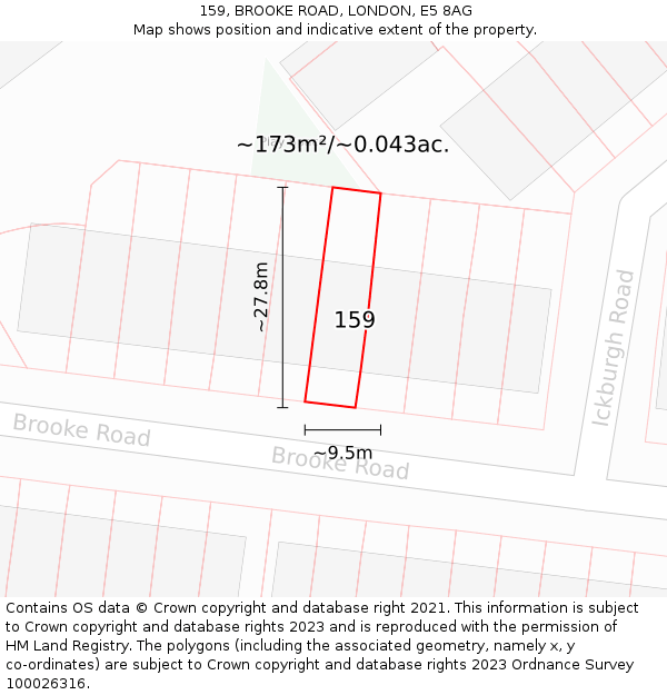 159, BROOKE ROAD, LONDON, E5 8AG: Plot and title map