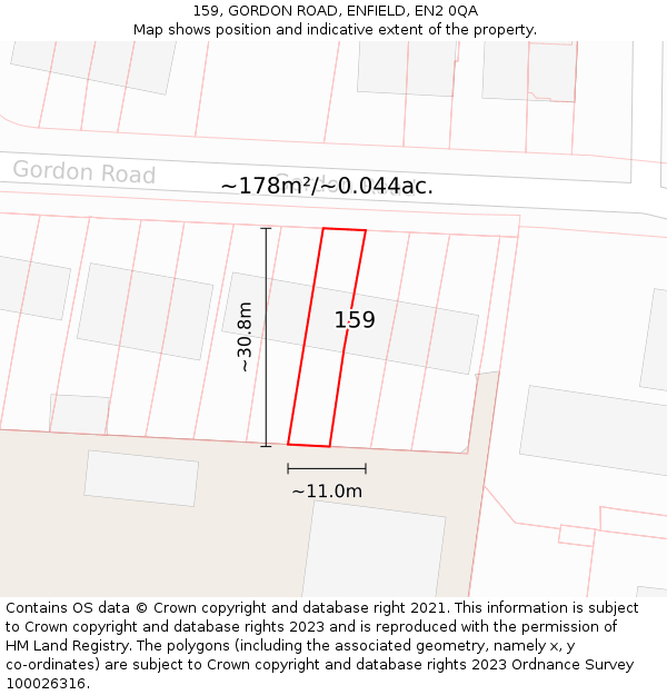 159, GORDON ROAD, ENFIELD, EN2 0QA: Plot and title map