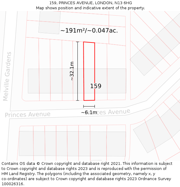 159, PRINCES AVENUE, LONDON, N13 6HG: Plot and title map