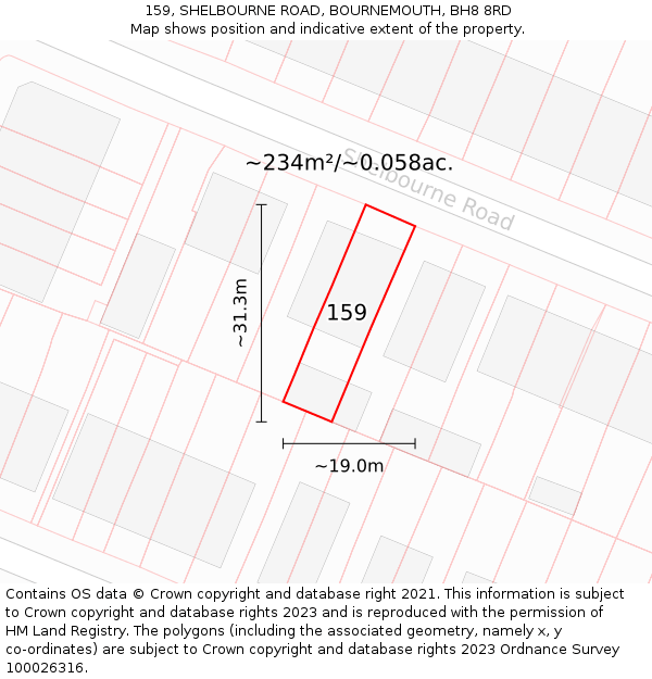 159, SHELBOURNE ROAD, BOURNEMOUTH, BH8 8RD: Plot and title map