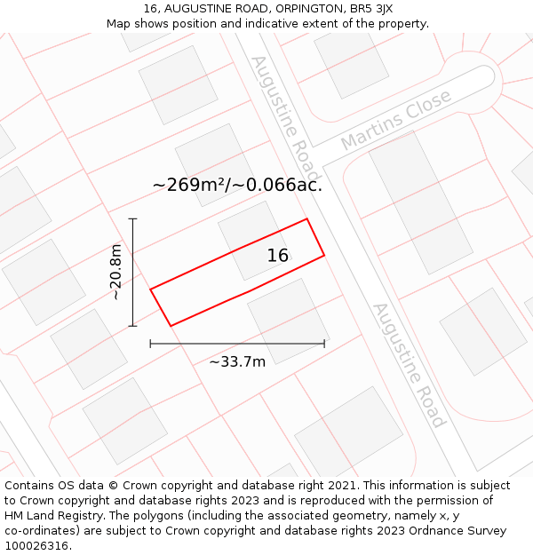 16, AUGUSTINE ROAD, ORPINGTON, BR5 3JX: Plot and title map