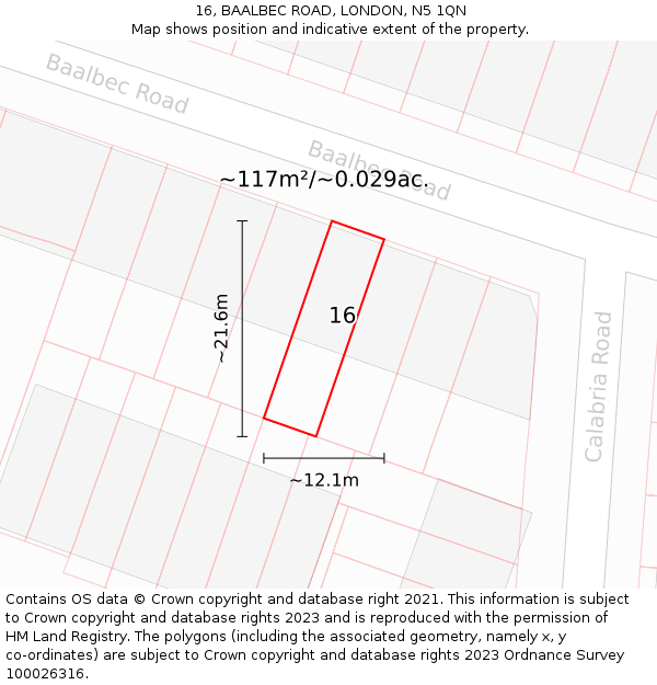 16, BAALBEC ROAD, LONDON, N5 1QN: Plot and title map