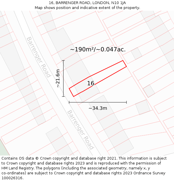 16, BARRENGER ROAD, LONDON, N10 1JA: Plot and title map