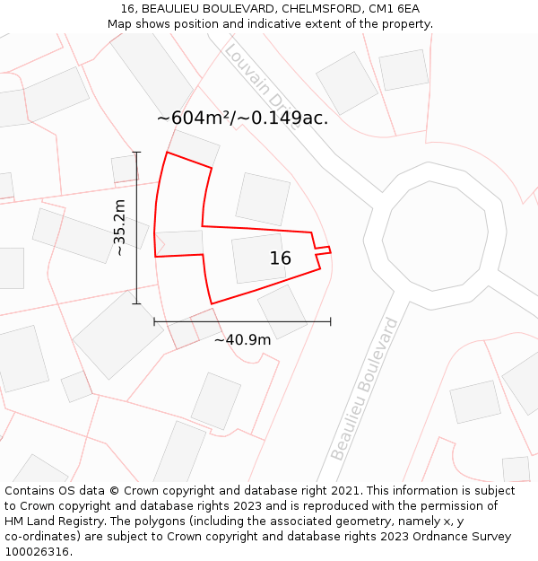 16, BEAULIEU BOULEVARD, CHELMSFORD, CM1 6EA: Plot and title map