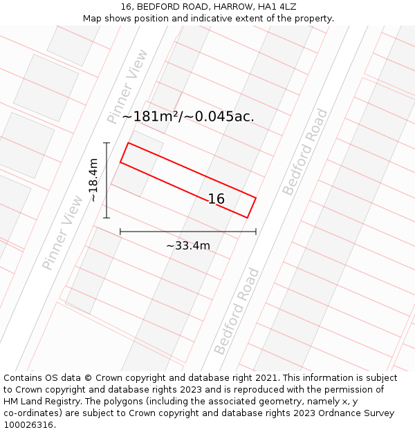 16, BEDFORD ROAD, HARROW, HA1 4LZ: Plot and title map