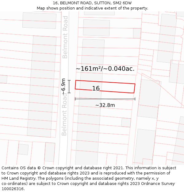16, BELMONT ROAD, SUTTON, SM2 6DW: Plot and title map