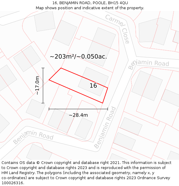 16, BENJAMIN ROAD, POOLE, BH15 4QU: Plot and title map