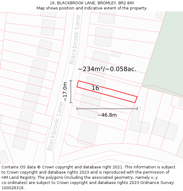 16, BLACKBROOK LANE, BROMLEY, BR2 8AY: Plot and title map