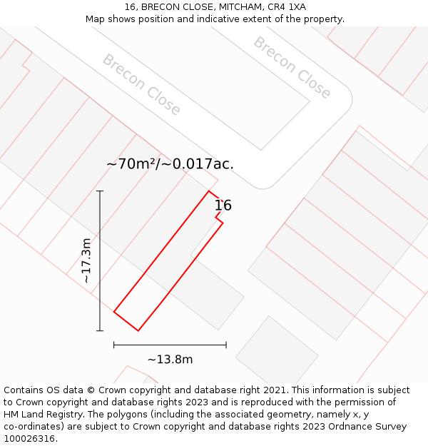 16, BRECON CLOSE, MITCHAM, CR4 1XA: Plot and title map