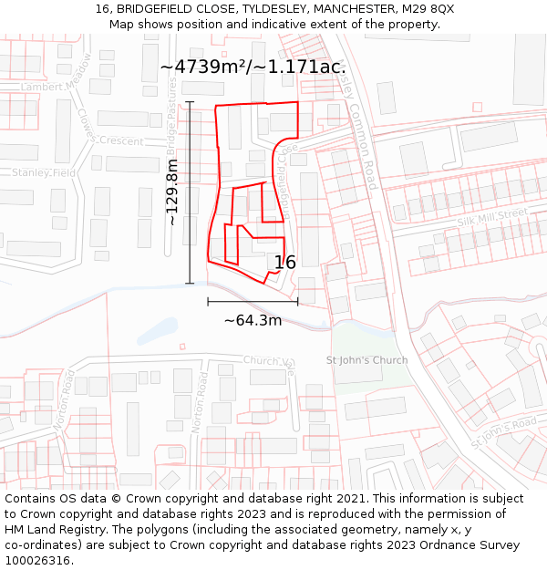 16, BRIDGEFIELD CLOSE, TYLDESLEY, MANCHESTER, M29 8QX: Plot and title map