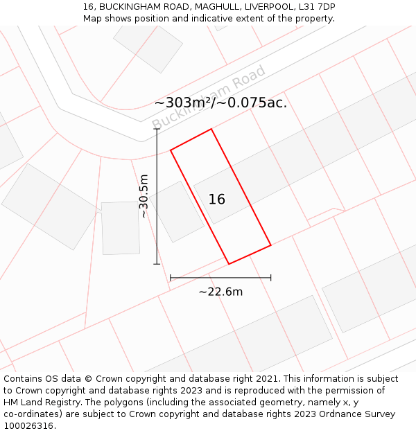 16, BUCKINGHAM ROAD, MAGHULL, LIVERPOOL, L31 7DP: Plot and title map