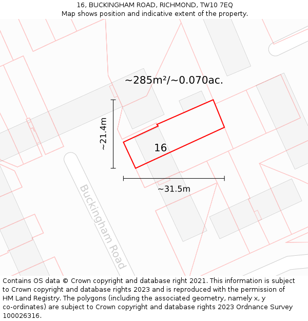 16, BUCKINGHAM ROAD, RICHMOND, TW10 7EQ: Plot and title map