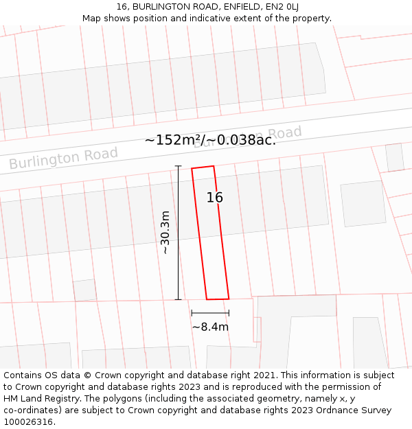 16, BURLINGTON ROAD, ENFIELD, EN2 0LJ: Plot and title map