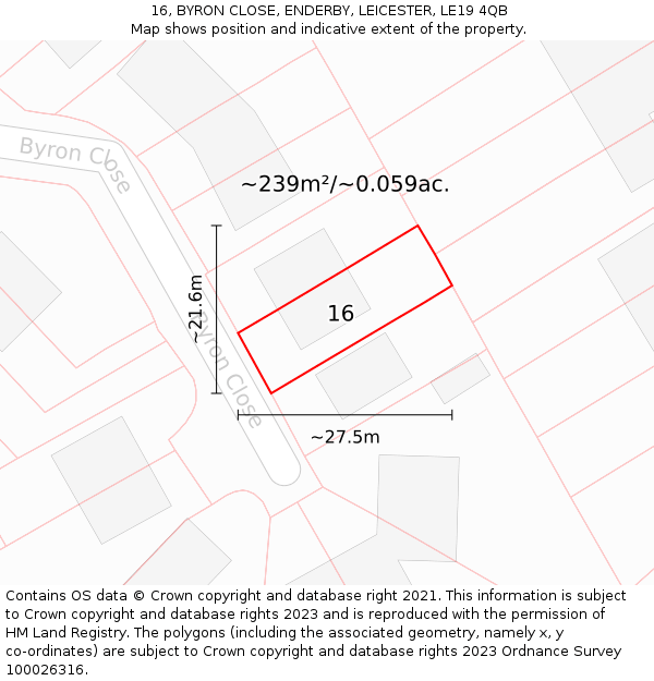 16, BYRON CLOSE, ENDERBY, LEICESTER, LE19 4QB: Plot and title map
