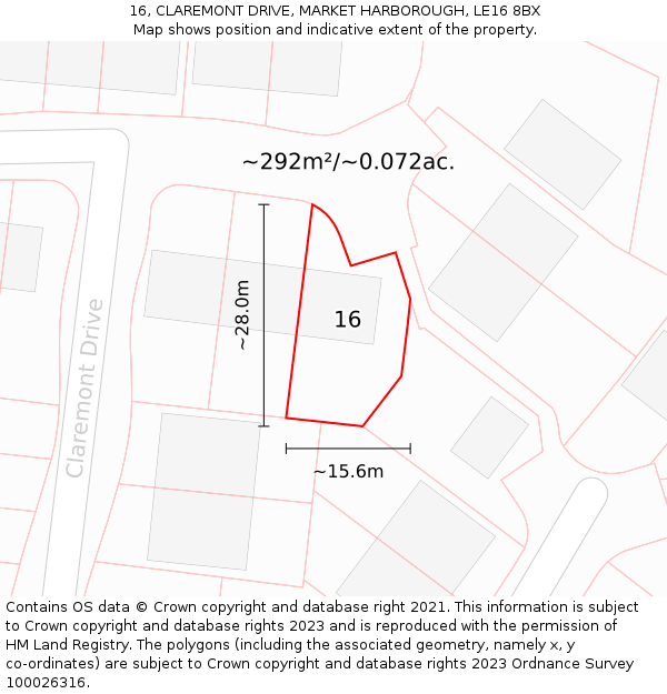 16, CLAREMONT DRIVE, MARKET HARBOROUGH, LE16 8BX: Plot and title map