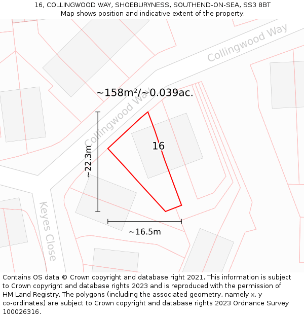 16, COLLINGWOOD WAY, SHOEBURYNESS, SOUTHEND-ON-SEA, SS3 8BT: Plot and title map