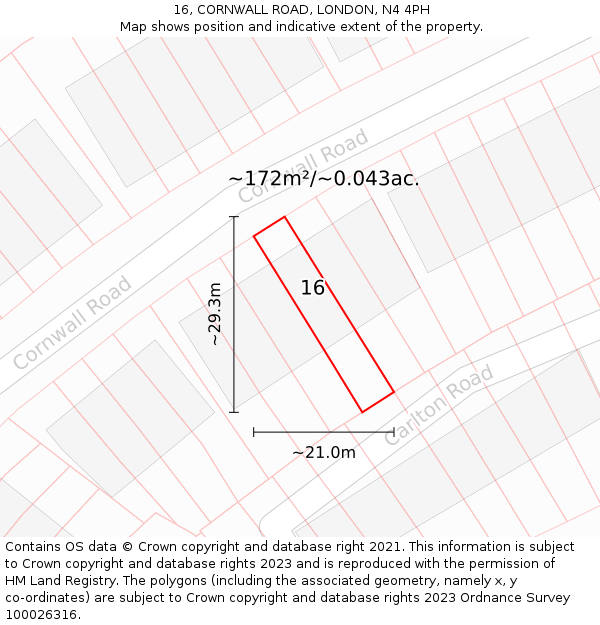 16, CORNWALL ROAD, LONDON, N4 4PH: Plot and title map