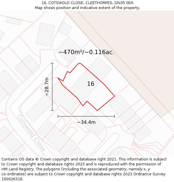 16, COTSWOLD CLOSE, CLEETHORPES, DN35 0EA: Plot and title map
