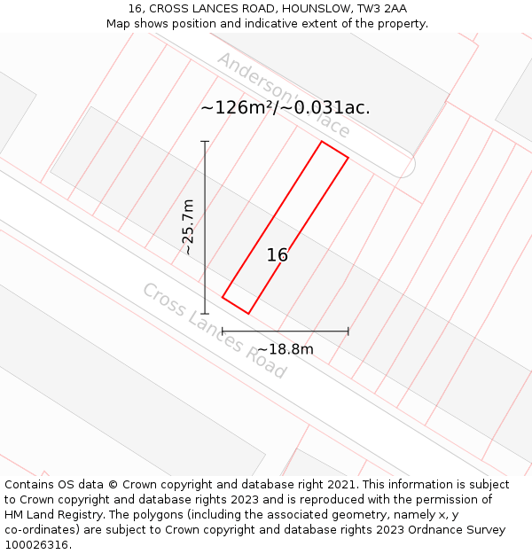 16, CROSS LANCES ROAD, HOUNSLOW, TW3 2AA: Plot and title map