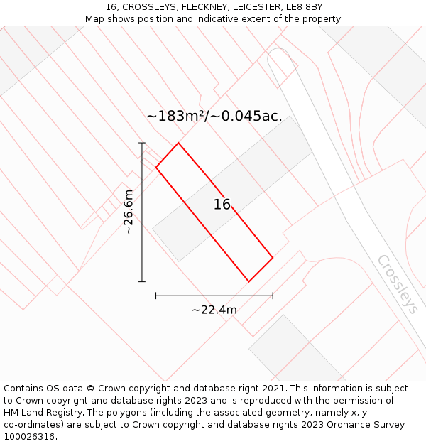 16, CROSSLEYS, FLECKNEY, LEICESTER, LE8 8BY: Plot and title map